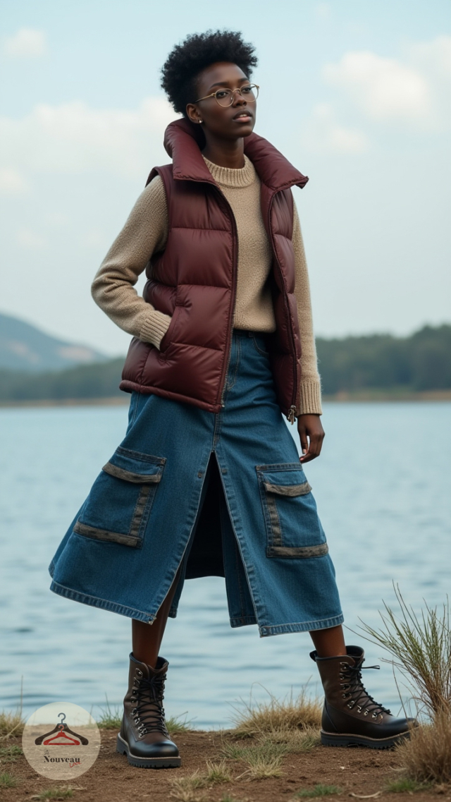femme portant un gilet matelassé, une jupe en jean taille haute, des bottes de randonnées