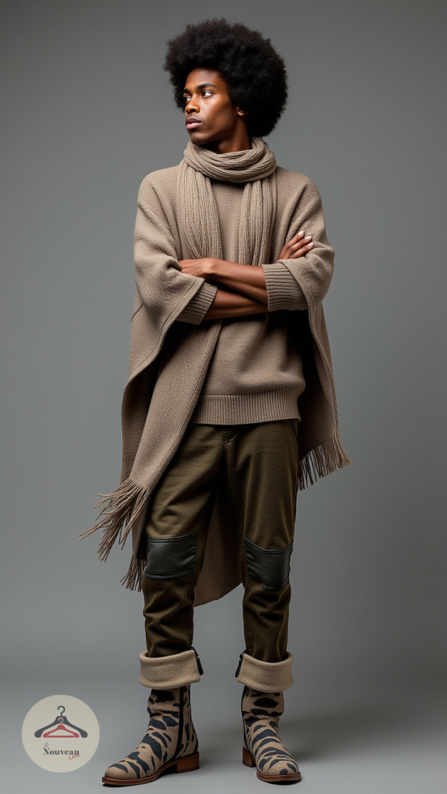 homme portant un poncho en tricot, un pantalon hybride, des bottines à imprimé abstrait, une écharpe en tricot