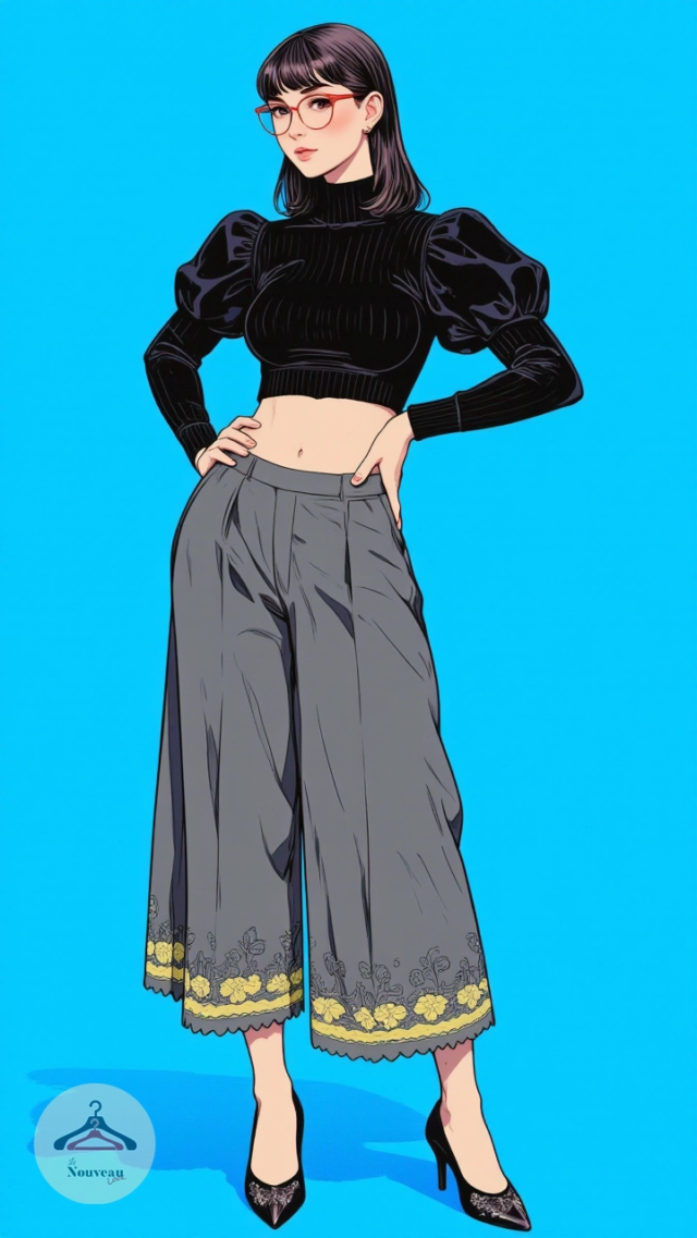 femme portant un haut court en tricot à manches bouffantes, une culotte en laine brodée, des ballerines à bords festonnés