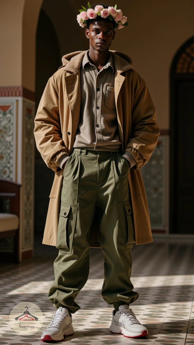 homme portant un trench-coat à capuche et une chemise en polaire, un pantalon cargo baggy, des baskets et une couronne florale