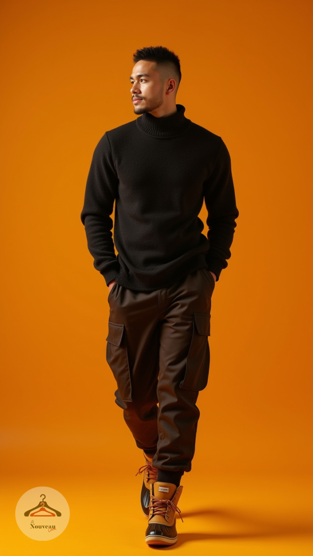 homme portant un pull en laine, un pantalon cargo, des duck boots