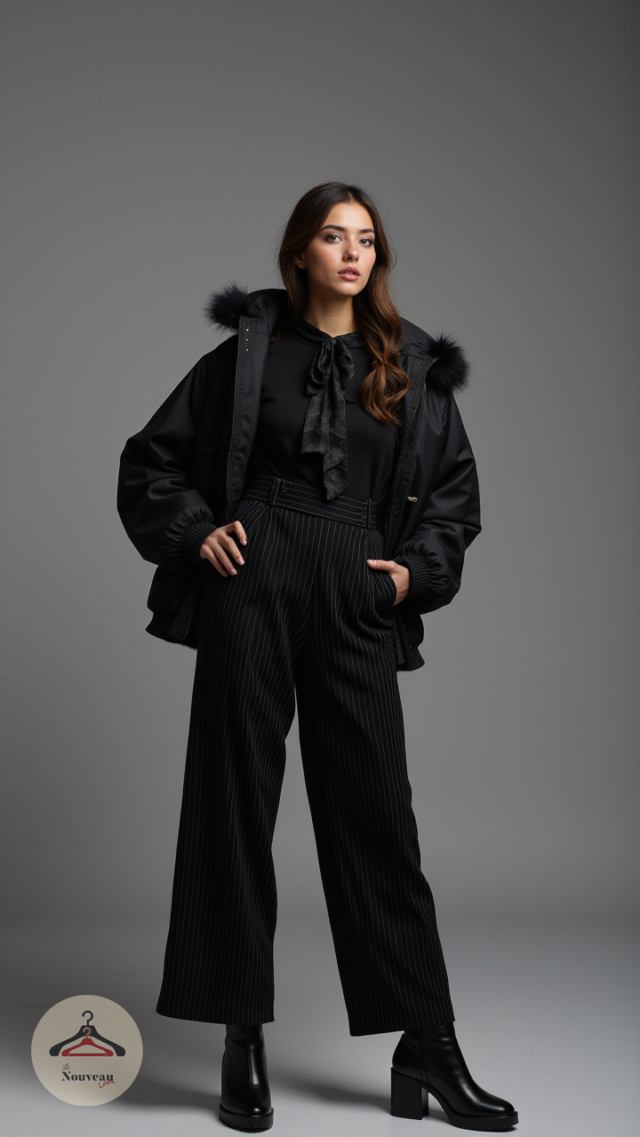 femme portant un blouson d'aviateur, un pantalon à rayures, des bottines en cuir et un jabot.