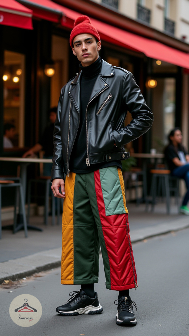 homme portant une veste de motard en cuir, un pantalon culotte matelassée, des baskets et un bonnet.