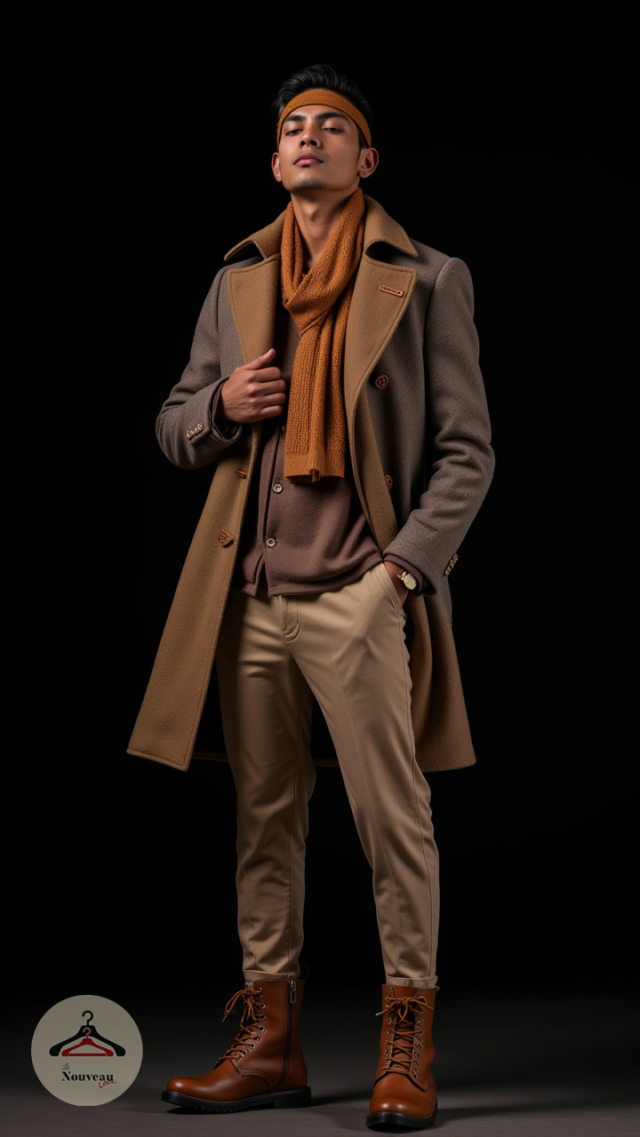 homme portant un trench-coat, une écharpe, un pantalon en chino et des bottes en cuir