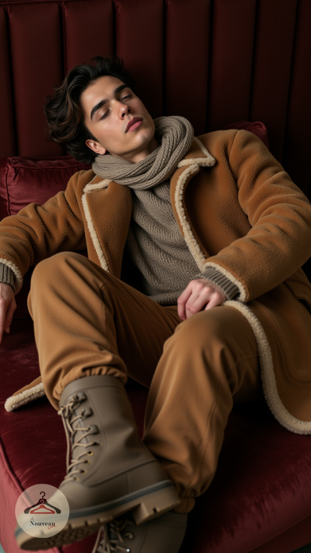 homme portant une veste en peau de mouton, un pantalon de jogging, des bottes de neige hybrides et à une écharpe tricotée.