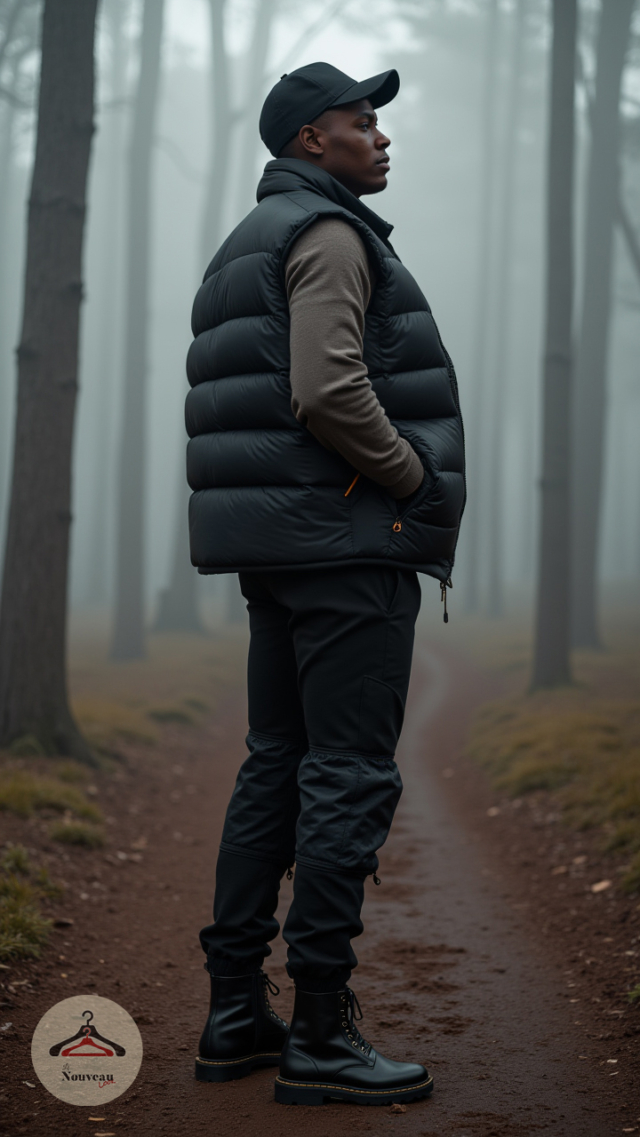 homme portant un gilet matelassé réversible, un pantalon de jogging, des bottes en cuir et une casquette.