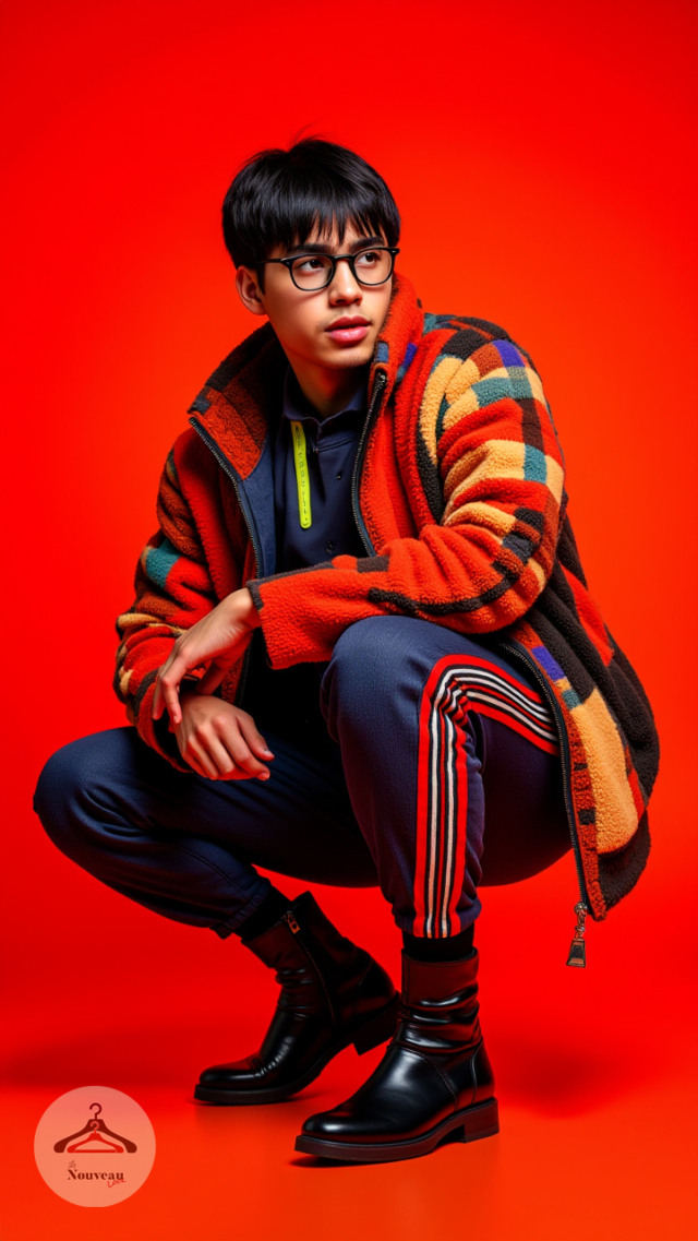 homme portant porte une veste polaire, un pantalon court à rayures verticales, des bottes avec des fermetures éclair