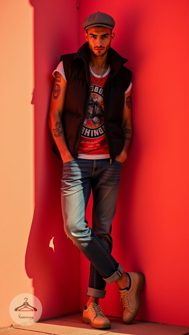 homme portant un gilet matelassé sans manches et un t-shirt à imprimé graphique, un jean fuselé, des chaussures de ville et une casquette en tweed
