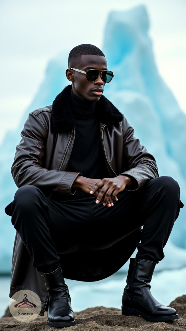 homme portant une veste aviateur en cuir, un pantalon fuselé, des bottes en cuir et à des lunettes de soleil