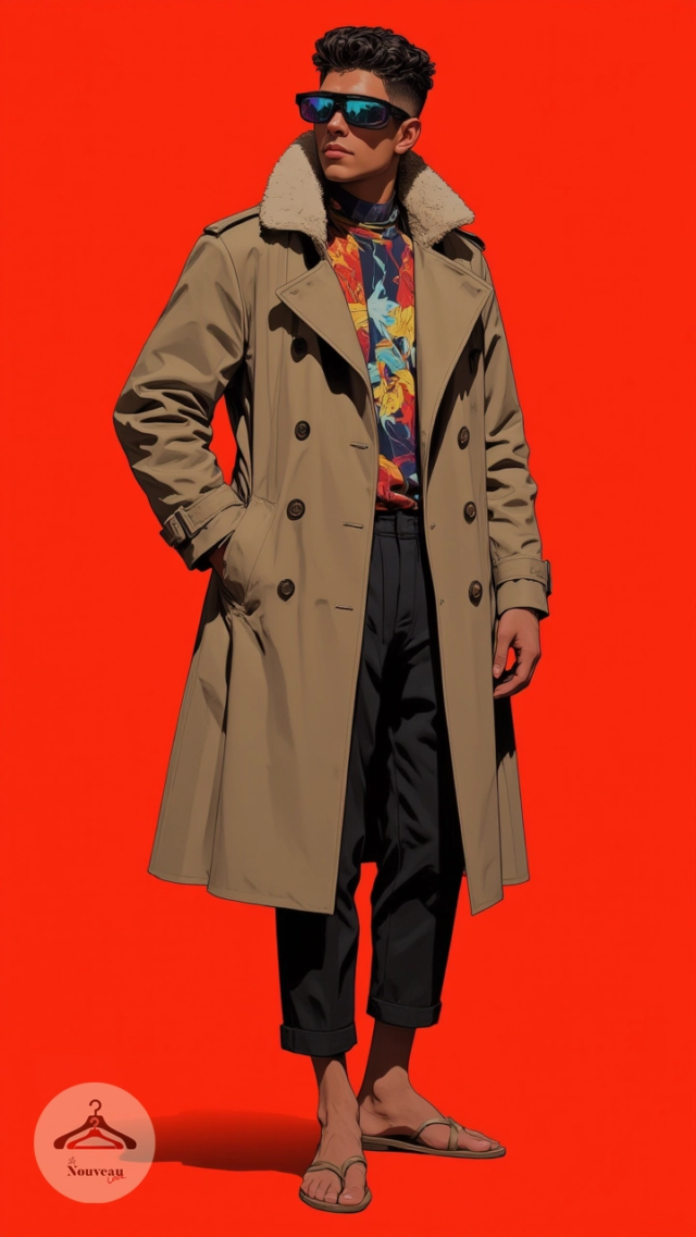homme portant un trench-coat avec une chemise de compression à motif floral, un pantalon court plissé, des sandales et des lunettes de soleil