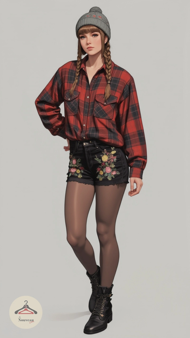 femme portant une chemise en flanelle à carreaux, un short en denim brodé avec des collants, des bottines et un bonnet