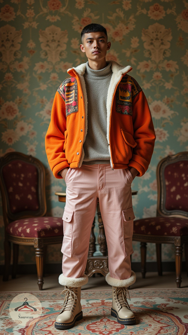 homme portant une veste polaire avec motifs imprimés, un pantalon cargo court couleur pastel, des bottes compensées doublées de polaire