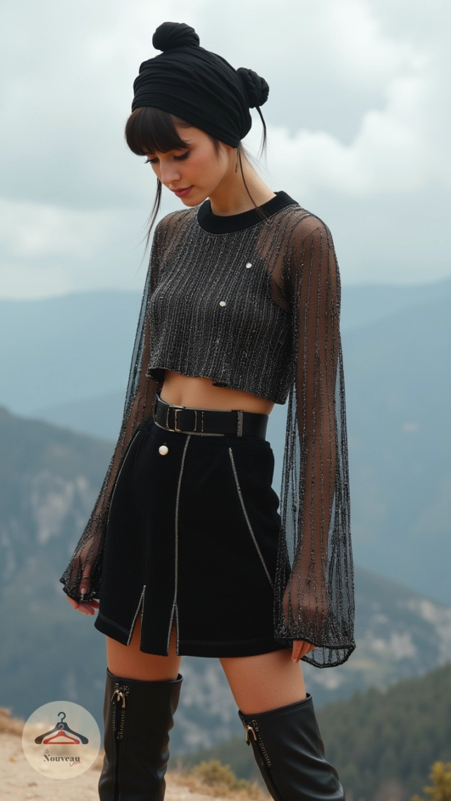 femme portant un haut en tricot, un haut transparent à manches longues, une mini-jupe en velours côtelé, des bottes hautes à talons et un turban