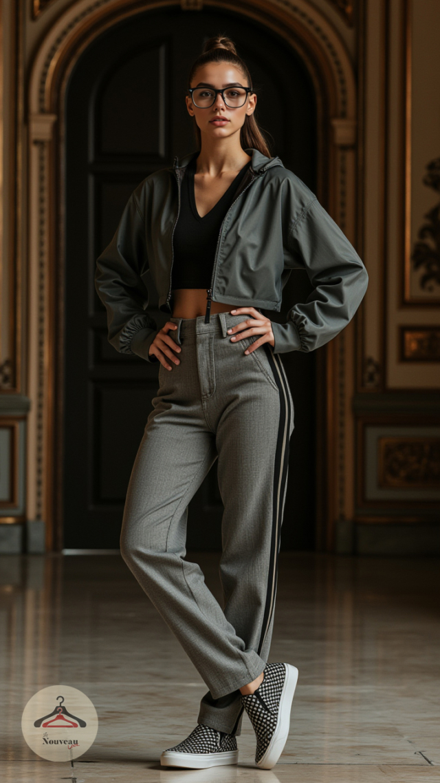 femme portant un coupe-vent court à fermeture éclair, un pantalon en laine taille haute avec bandes latérales, des baskets à carreaux