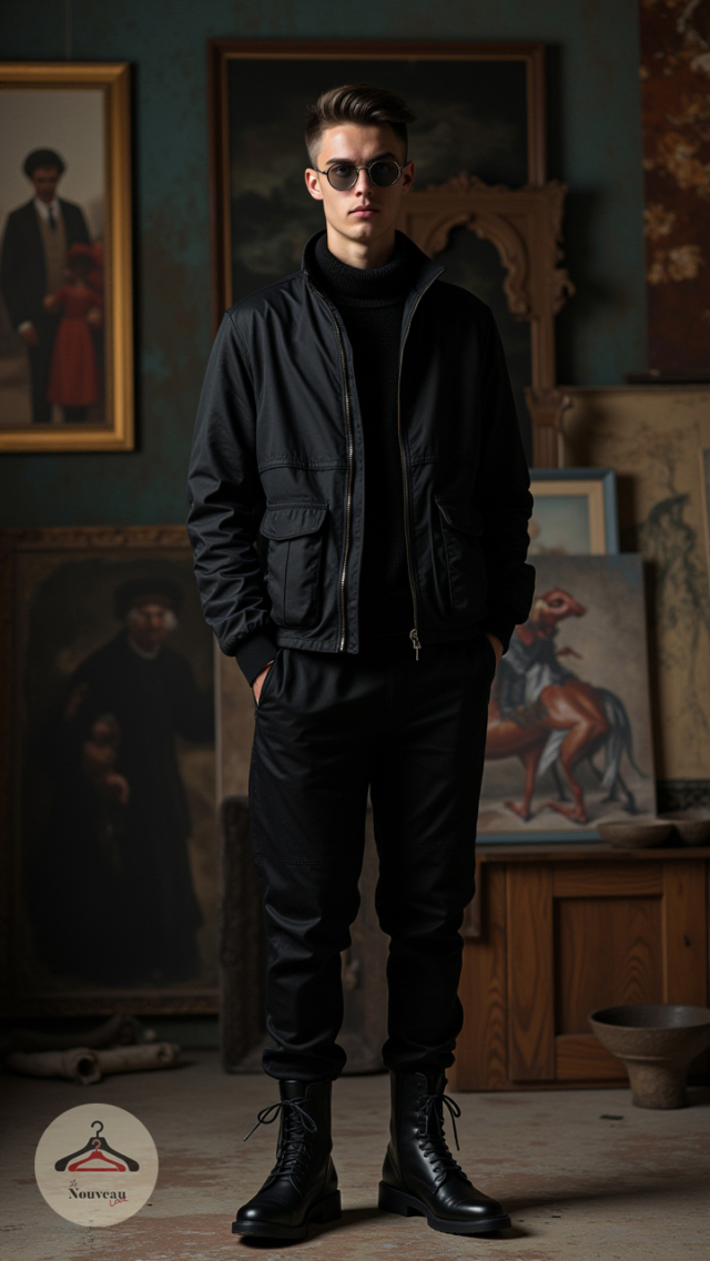 homme portant une veste tactique légère, un pantalon en matière synthétique, des bottes brogue en cuir mat et des lunettes de soleil.