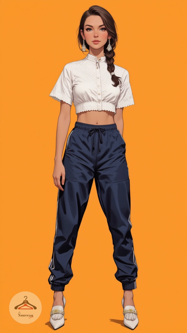 femme portant un haut court en satin matelassé avec un chemisier boutonné à col montant et à ourlets festonnés, un pantalon de survêtement, des mocassins à talons avec des pompons