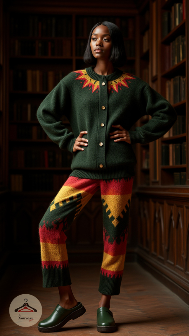 femme portant un pull en tricot boutonné, un pantalon en tricot, des sabots