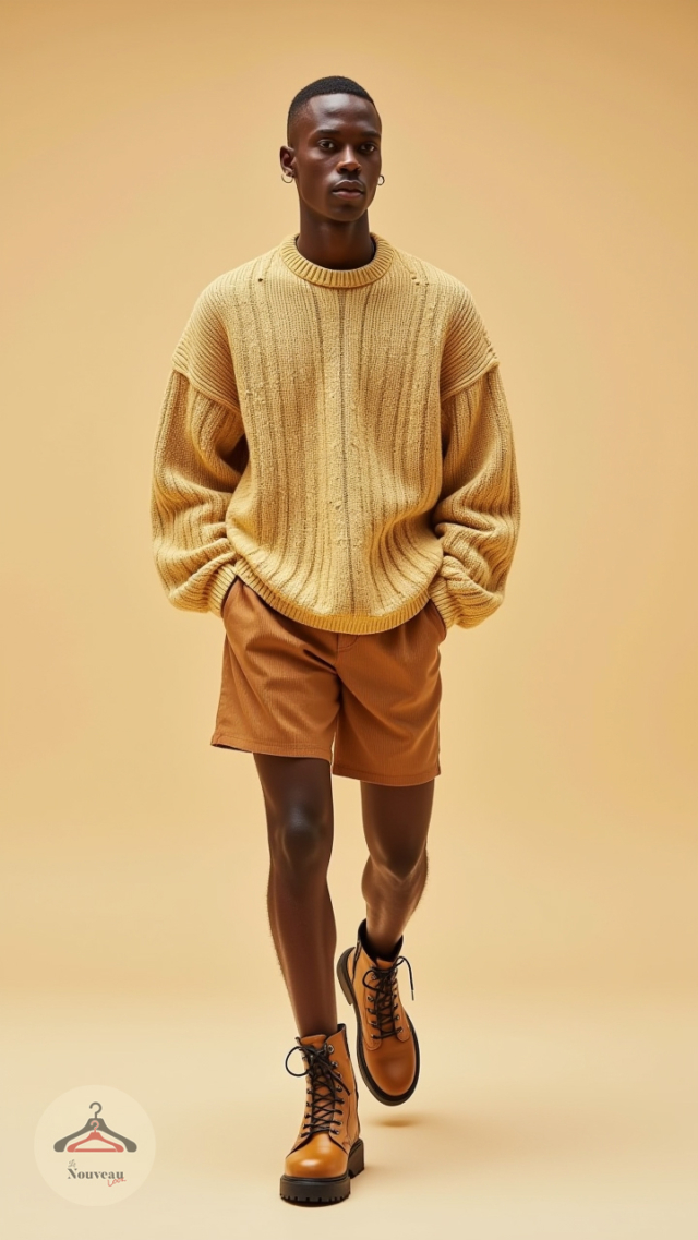homme portant un pull oversize en maille torsadée en fil épais. Il l'associe à un short taille haute et des bottes de rangers