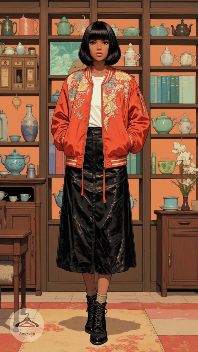 femme portant un bomber en satin matelassé avec des motifs brodés. Elle l'associe à une jupe midi et à des bottes à revers en laine