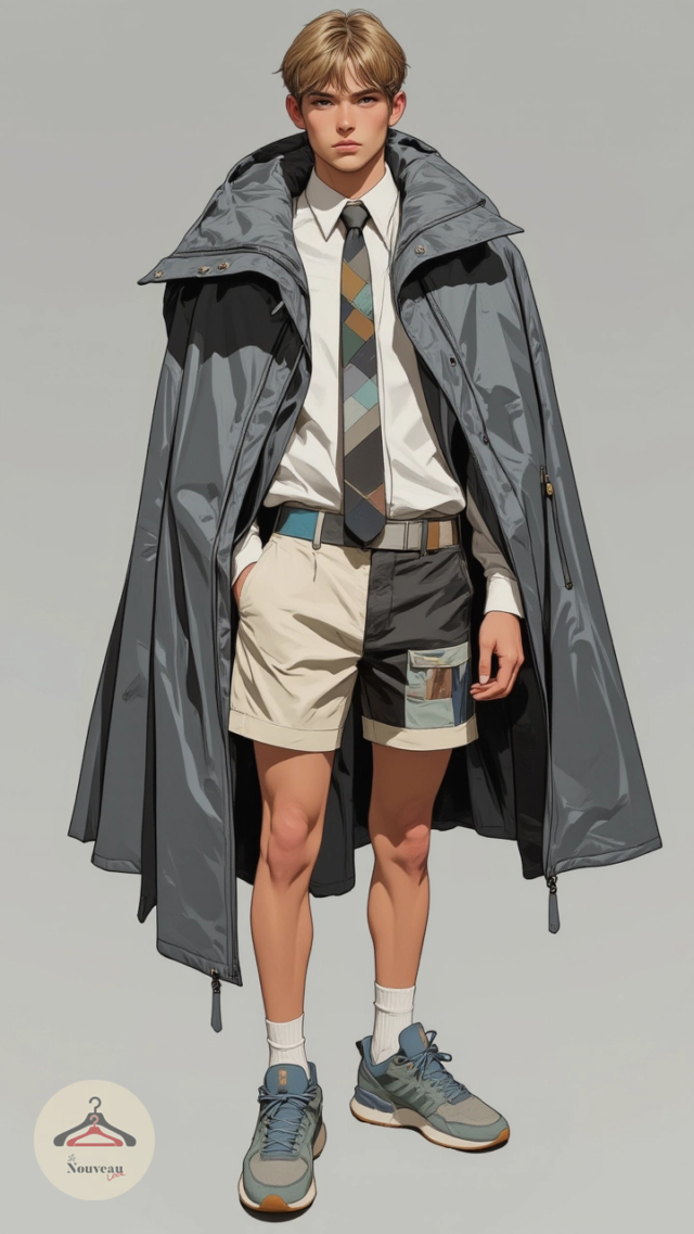 homme portant une cape en matière synthétique. Il l'associe à un short plissé, des baskets en mesh aéré et une cravate patchwork