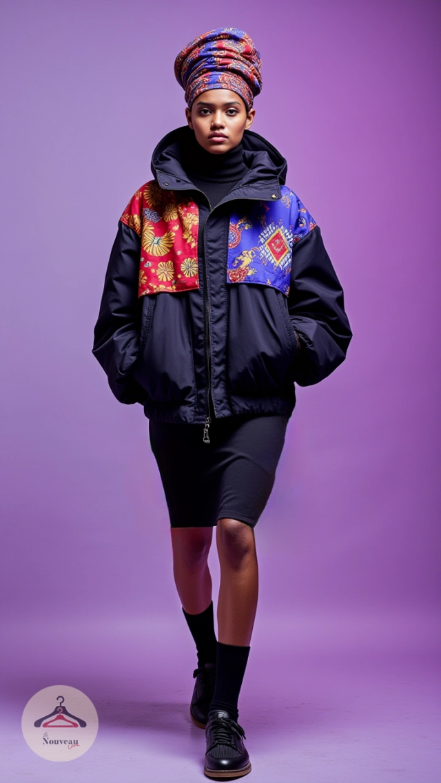 homme portant une veste bomber ample, une jupe, des chaussures plates en maille et un foulard avec des imprimés