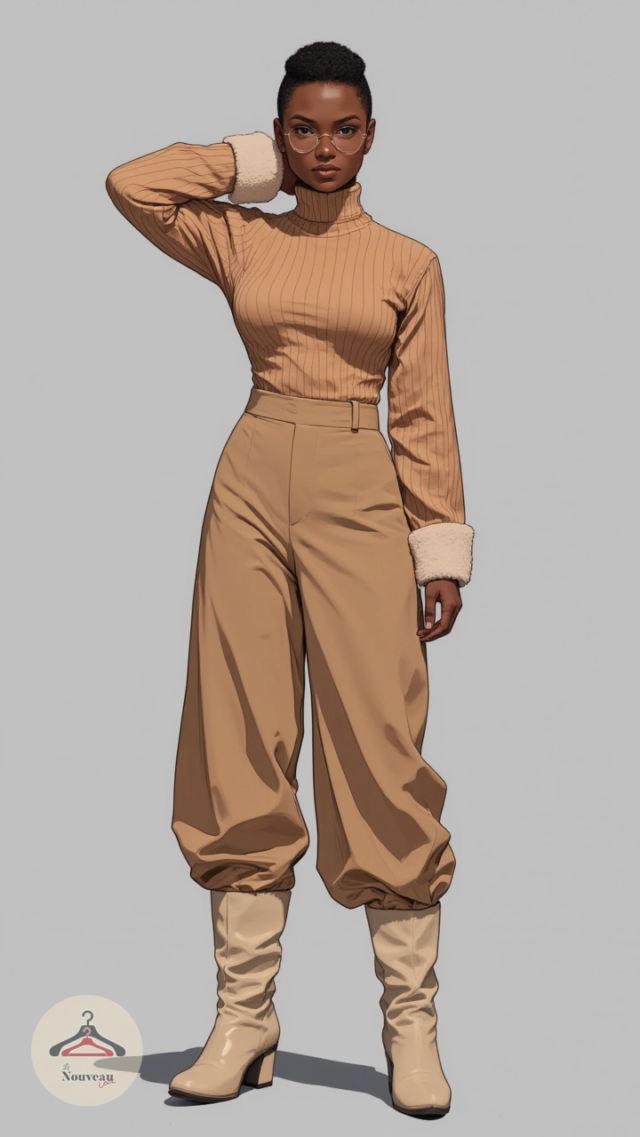 femme portant un pull à col roulé rayée, une culotte doublée de polaire à jambes larges, des bottes hautes à talons carrés