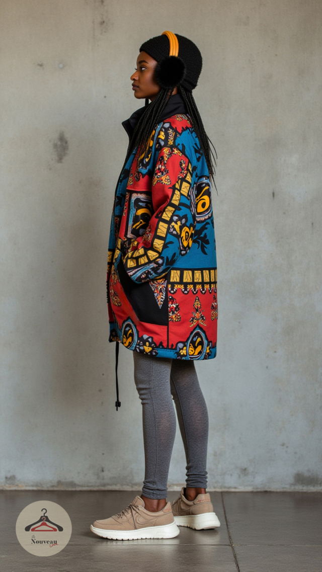 femme portant un manteau à imprimé, des leggings en laine, des baskets, des cache-oreilles et un bonnet