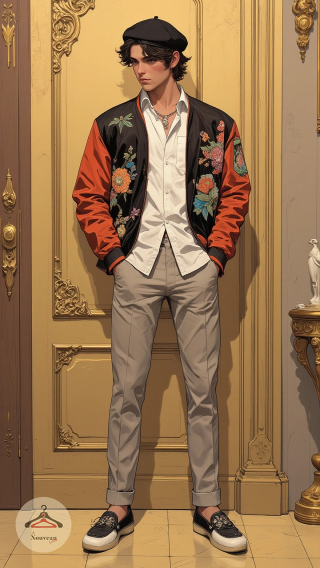 homme portant une chemise à col montant et une veste bomber, un pantalon en lin, des mocassins et un béret