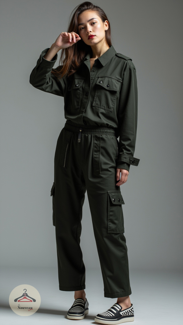 femme portant une chemise boutonnée de style cargo, un pantalon utilitaire techwear, des tennis slip on à rayures