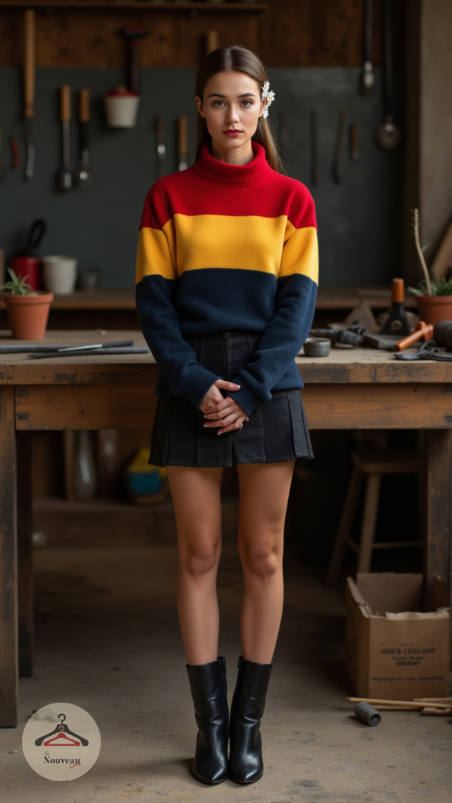 femme portant un pull en polaire, une jupe-short en laine à taille haute et des bottines