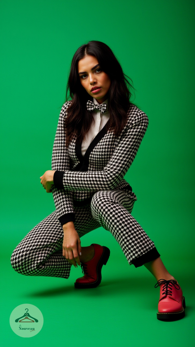 femme portant un cardigan pied-de-poule à la coupe moderne, un pantalon en maille aux motifs pied-de-poule, des chaussures oxford et un nœud papillon.
