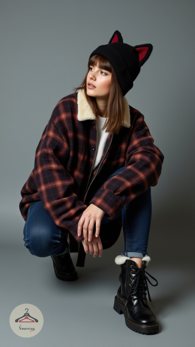 femme portant une veste en flanelle oversize doublée de sherpa. Elle l'associe à un jean slim, des bottes d'hiver en cuir minimalistes avec doublure en laine et un bonnet tricoté avec des oreilles de chat.