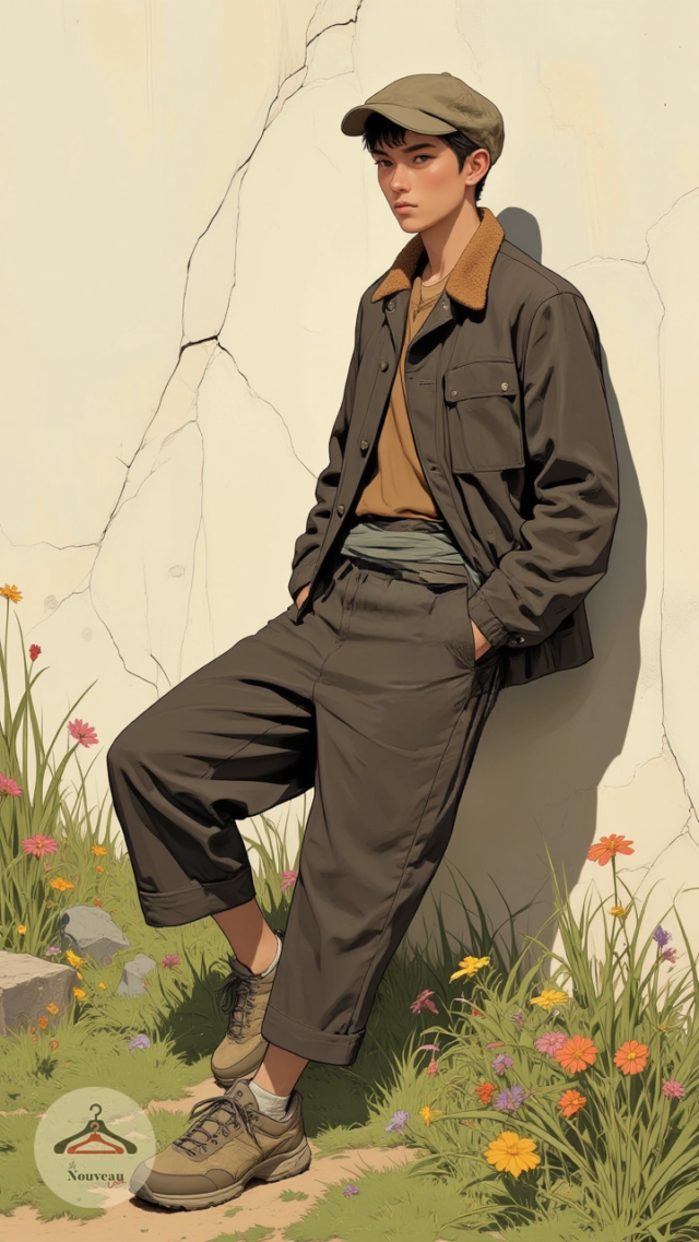 homme portant une veste, pantalon large court, des baskets et une casquette plate en velours côtelé.