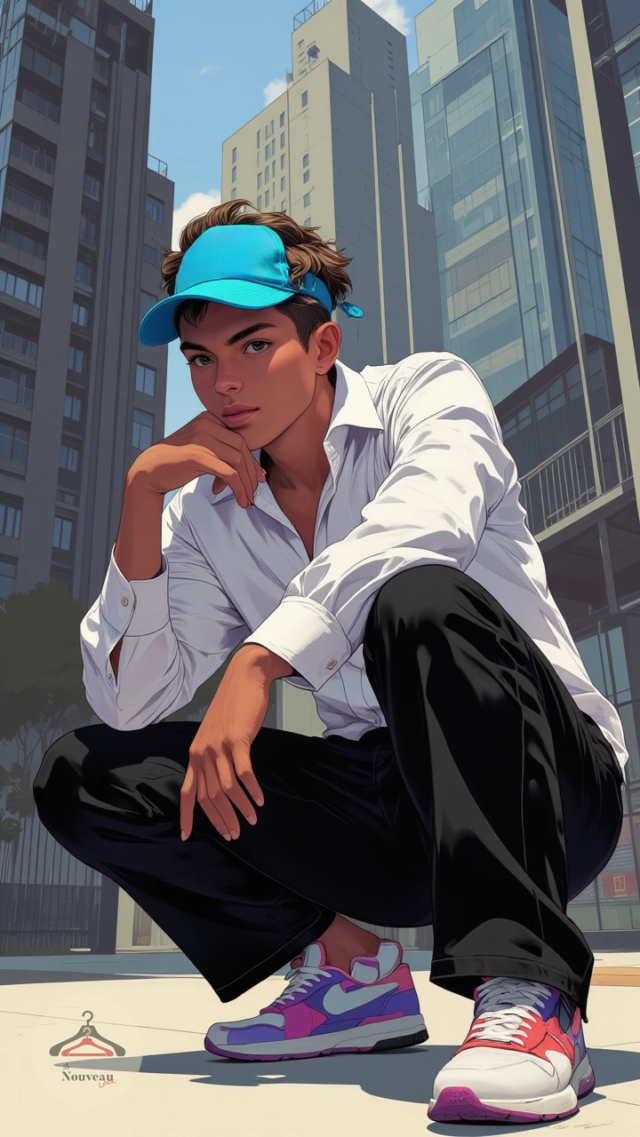 homme portant une chemise boutonnée, un pantalon à pattes d'éléphant, des baskets à blocs de couleurs et une casquette visière