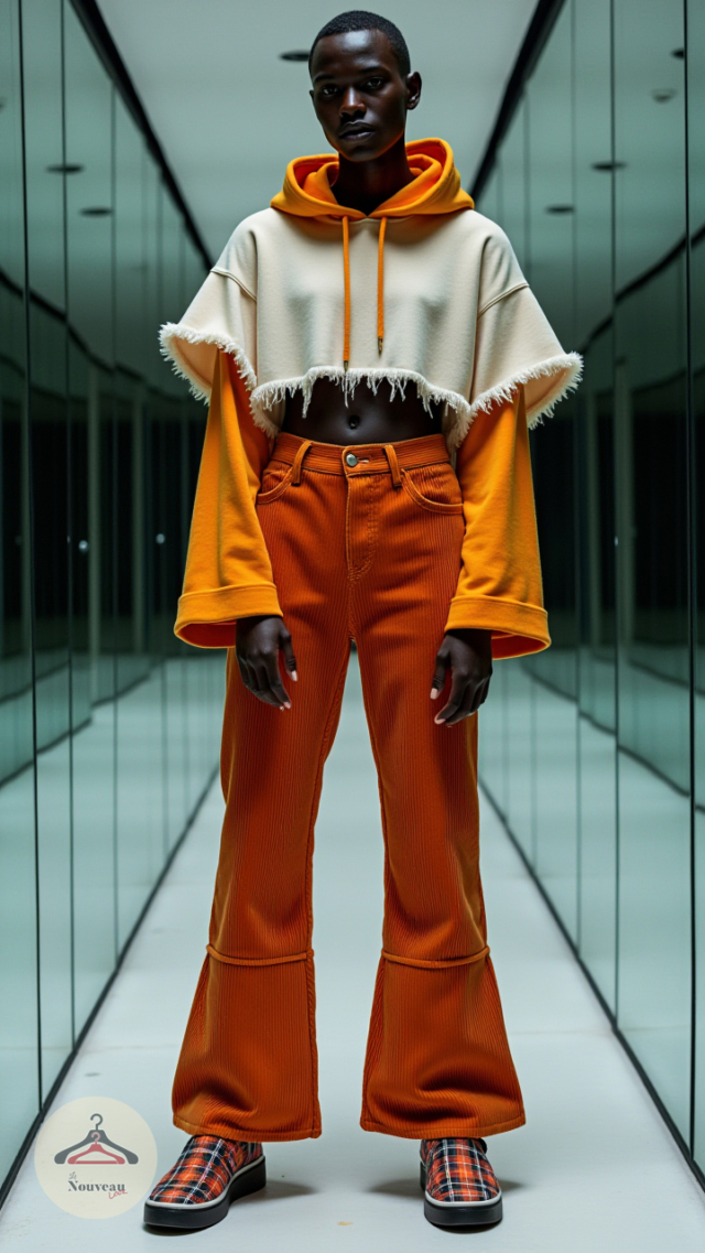 homme portant un sweat à capuche court, un pantalon évasé en velours côtelé, des baskets slip on