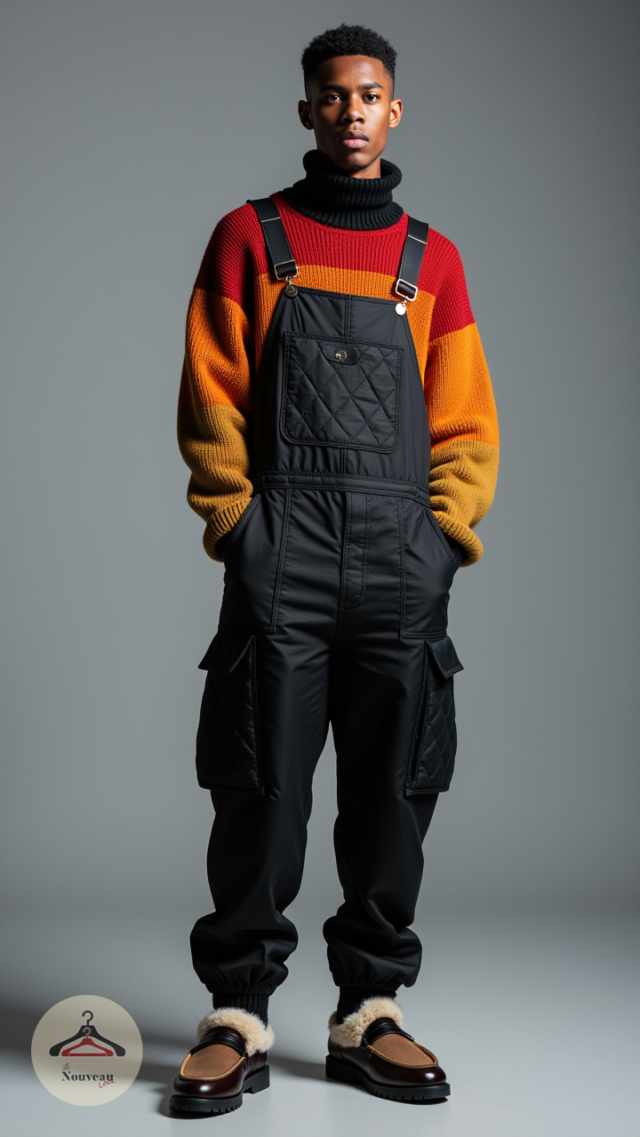 homme portant un gros pull à col roulé, une salopette matelassée à bretelles, des mocassins