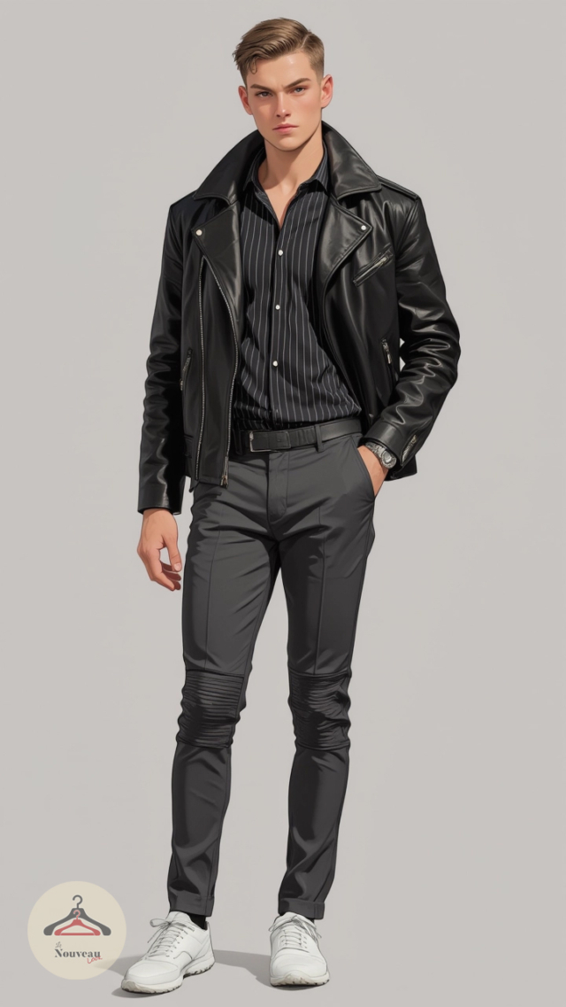 homme portant une veste en similicuir et une chemise à rayures, un pantalon slim et des baskets