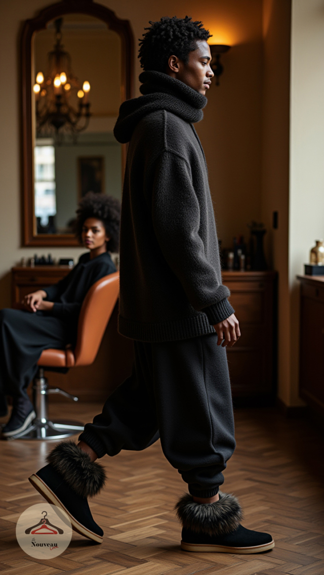 homme portant un pull en mohair, un pantalon hakama de style japonais, des chaussons noires en peau de mouton, tour de cou thermique.