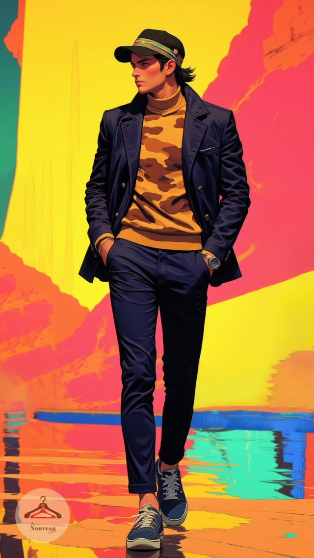 homme portant un manteau court léger avec un pull à col roulé à imprimé camouflage, un pantalon de costume, des baskets courts et une casquette de style militaire