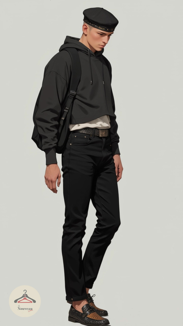 homme portant un sweat à capuche court, un jean droit taille mi-haute noir, des mocassins en cuir tressé avec des finitions dégradées et un béret en cuir