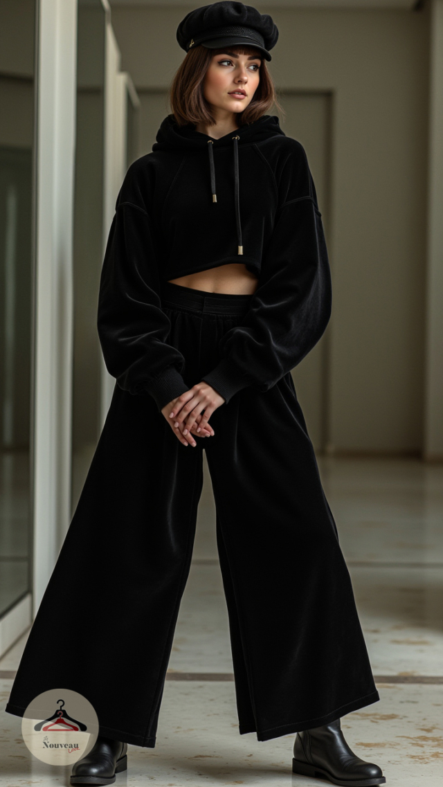 femme portant un sweat à capuche court en velours, un pantalon palazzo à jambe large en velours, des bottines chukka et un gavroche en velours