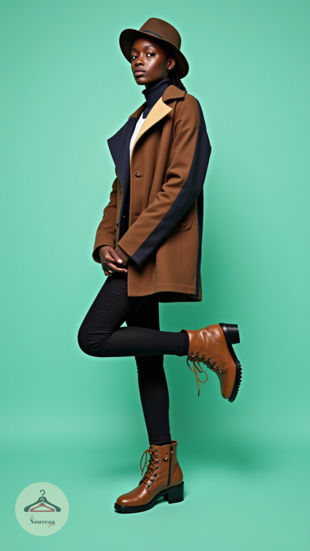 femme portant un pardessus en tissu mixte, un pantalon ajusté, des bottes légères, un fedora en laine