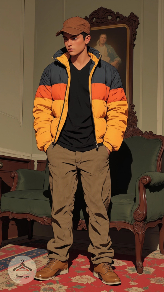 homme portant une doudoune matelassé et un t-shirt avec un col en V, un pantalon en velours côtelé, des chaussures derby et une casquette en cuir