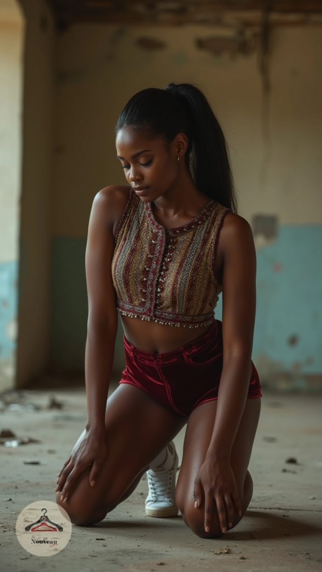 femme portant un haut à ornements en cachemire. Elle associe cela à un short en velours et à des baskets courts