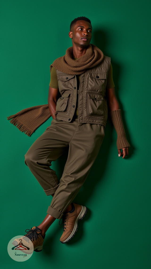 homme portant un gilet matelassé, un pantalon court, des chaussures de randonnée, une écharpe