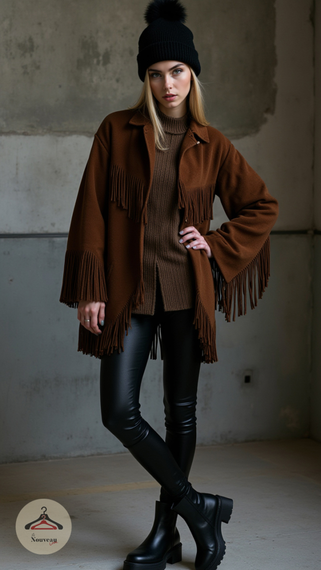 femme portant une veste en daim à franges, un pantalon en cuir, des bottines Chelsea en cuir verni et un bonnet en tricot côtelé.