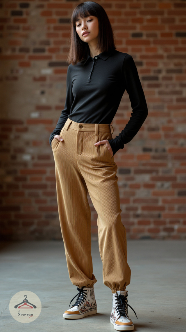 femme portant un polo à manches longues, un pantalon droit en velours, des baskets montantes