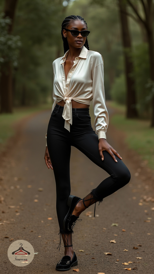 femme portant porte un chemisier en satin, un jegging, des mocassins en velours et des lunettes de soleil.