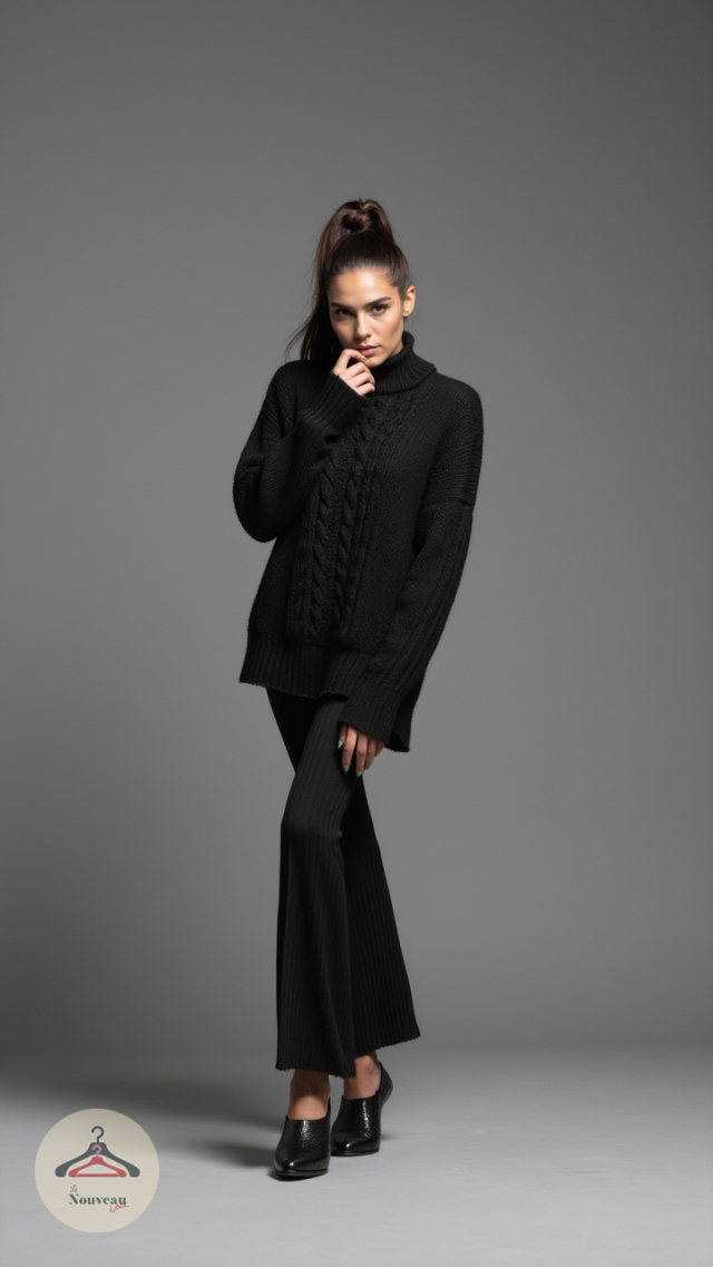 femme portant un pull en maille, un pantalon évasé en maille, des ballerines en cuir