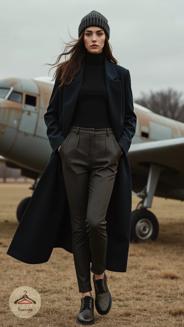 femme portant un manteau long, un pantalon tailleur en jacquard, des chaussures Oxford d'inspiration vintage et un bonnet en tricot